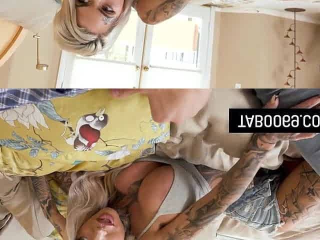 Breasty Tattooed Bitch Riding On Stepcousin's Hard Rod With Her Shaggy Twat