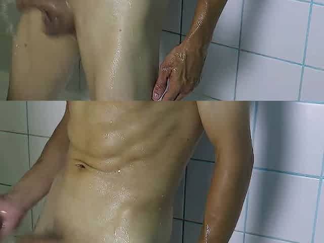 a very hot stud washes in the shower after a workout and jerks off his rich jock