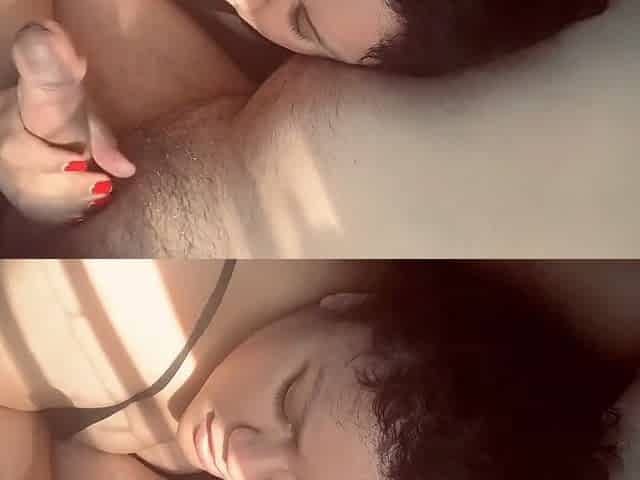 Girlfriend plays with precum in the sunlight