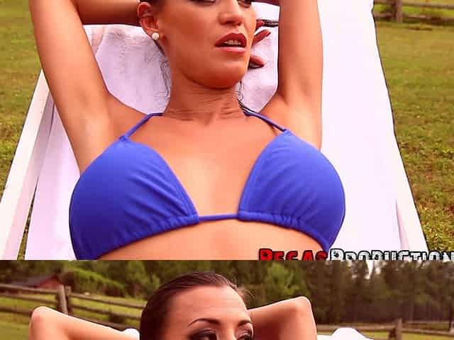 Brunette bombshell Amy Lee and hunky Jack heat up a steamy outdoor romp by the pool