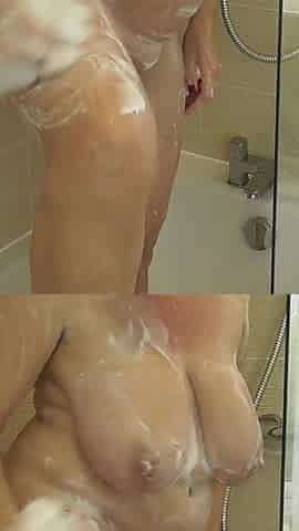 Camilla scrubs up in the shower