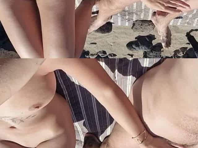 On a Nudist Beach in Tenerife, the Stepdaughter Gives Her Stepfather a Handjob