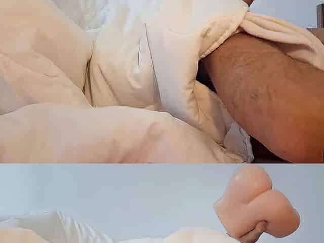 Hawt man moving his haunches banging a fake booty in daybed until this guy cums