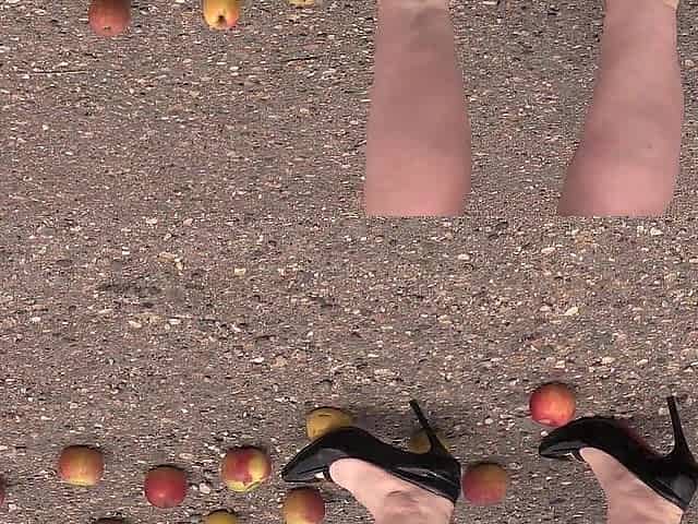 Crush fetish outdoors Corpulent legs in high heel shoes crush apples
