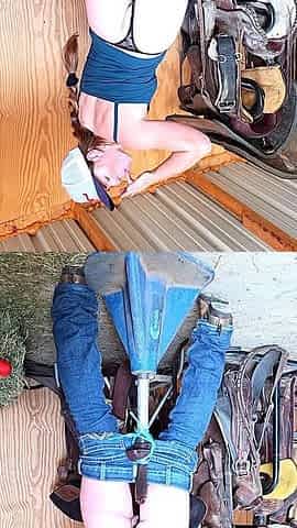 Redhead Rides BBC Dildo on Farrier Stand in Ass and Pussy Squirting