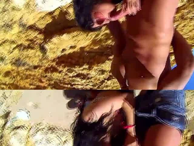 Peeping mamma joins a pair on the beach for some hardcore banging