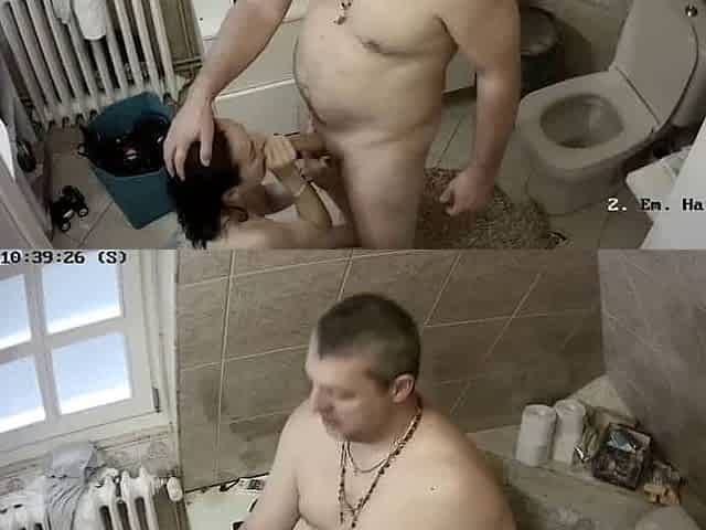 Busty brunette hard standing fuck in the toilet covered in cum