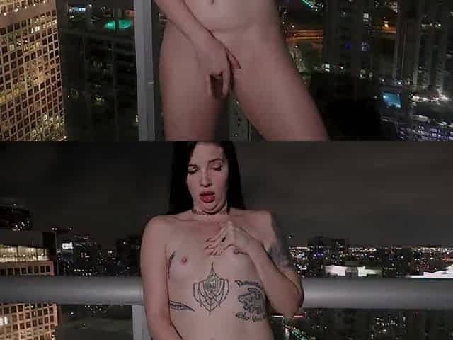 Petite alt slut Riley Daniels cums in public on the balcony
