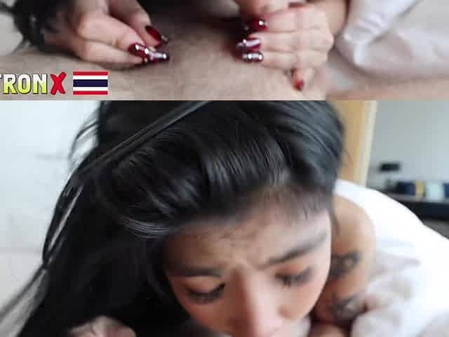 Inked asian amateur gets creampied by a white dude POV
