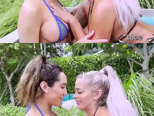 Breasty Blond Aussie Hayley Davies Screws Chloe Amour with Large Thong-On