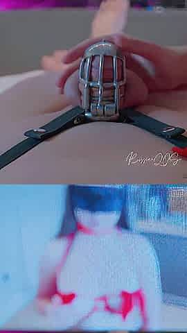 Cuckold in chastity getting his nuts slapped with BBC sextoy