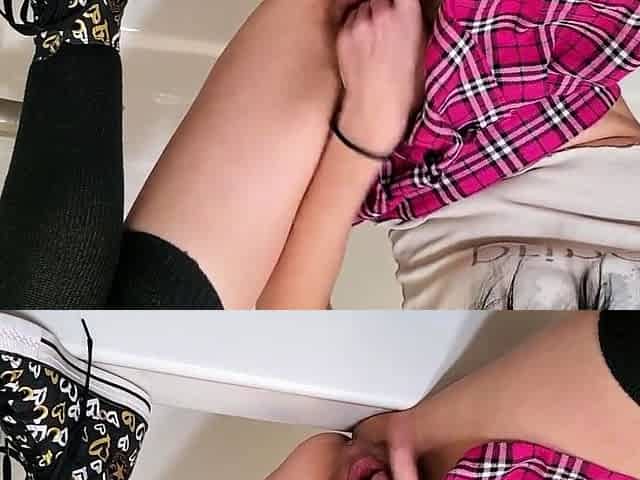 Tiny brunette in stockings fists herself to orgasm on webcam