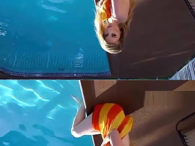 Sexy freckled babe masturbates by the pool
