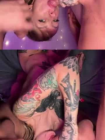 Horny tattooed blonde slut suck and ride two big white cocks