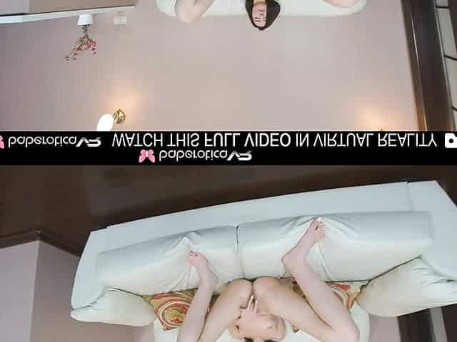 Solo brunette hair Jolie Ass fingers her hairless cunt and enjoys VR.