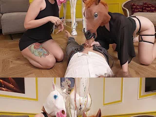 Eager Teen Doxy Wears Horse Mask To Be Included In Trio