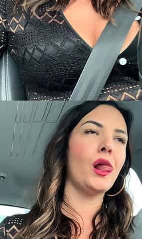 Busty curly brunette with big boobs fucks on couch