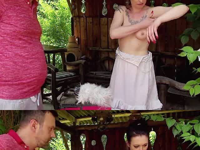 Outdoor bang for pierced and tattoed brunette hair and throat ending