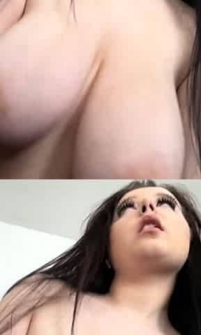 Busty curly brunette with big boobs fucks on couch