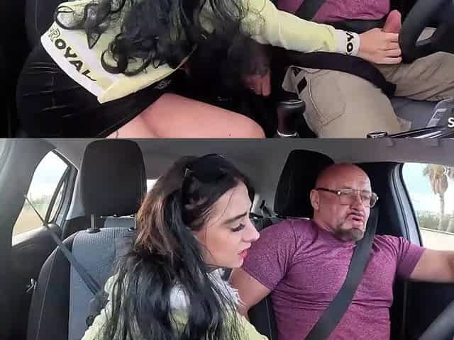 Messy Slut Pick Up by old Stud and give him a Nyon Tugjob to Thanks him in Car whilst driving