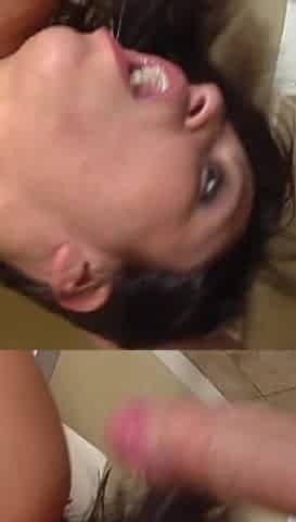 Horny Brunette Sucks Cock in Bathroom and Gets Facial
