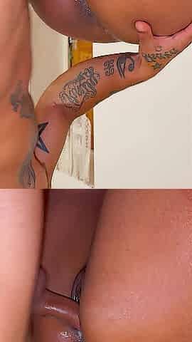 Screwing charming creamy black cunt from the back