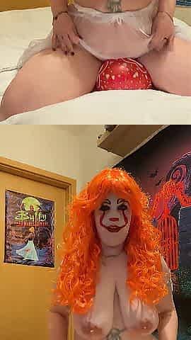 Nymeria Malfoy rides a balloon in Pennywise cosplay