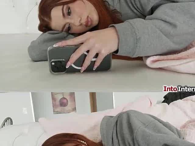Redhead Stella Lux deepthroats a large ebony ramrod like a pro