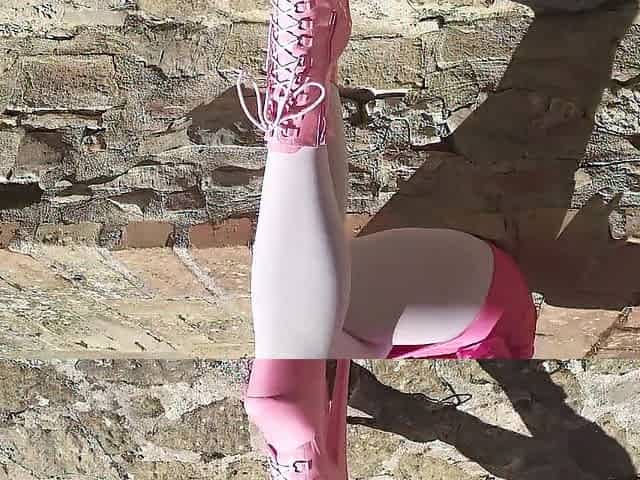 Laura on Heels amateur 2021 outdoor pink outfit, wearing 8 inches platform ankle boots