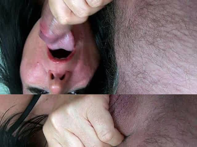 Small tit brunette gives blowjob to a big cock