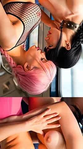 Pink black braids lesbian grope on tram, brunettes dildo cum