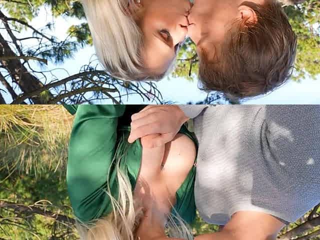 Leggy blonde Mel Melicious shows off big boobs outdoors