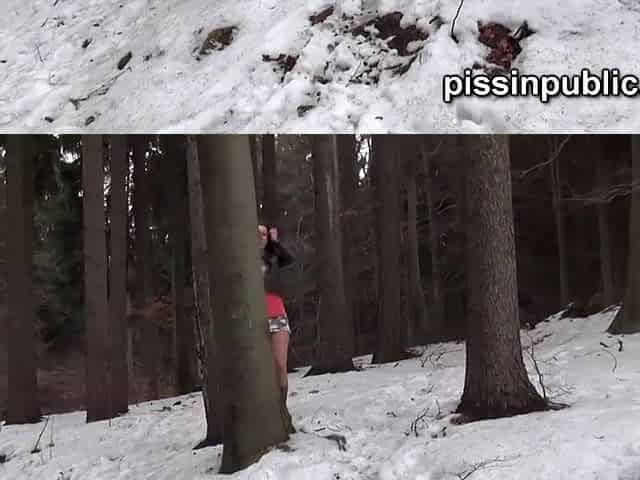 Beauties in need skate around in the snow to discover a proper place to have a pee