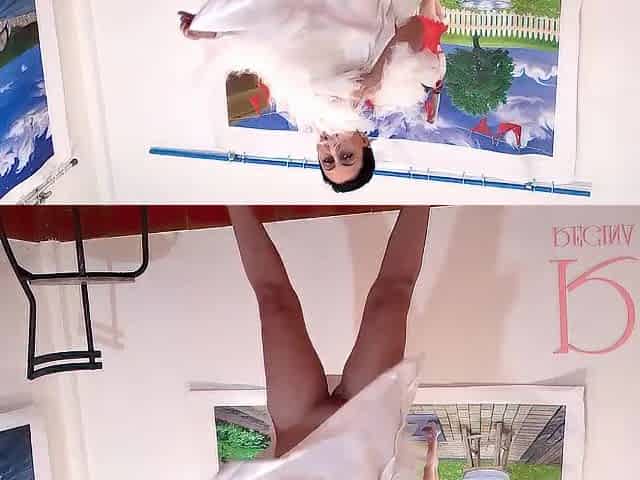 Photo discharged. Bride in white costume and have no pants in art gallery.two
