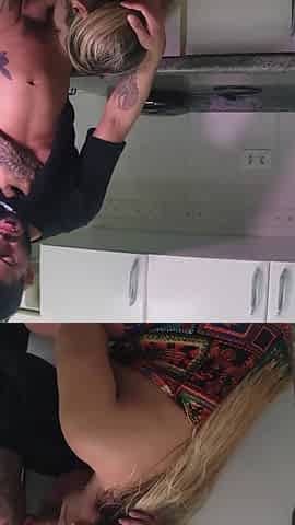 Fucking Stepmom in the Kitchen While Cuckold Husband Is in the Bedroom