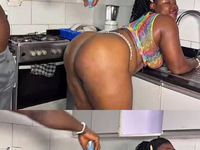 Giant butt and bazookas get banged by giant schlong in kitchen