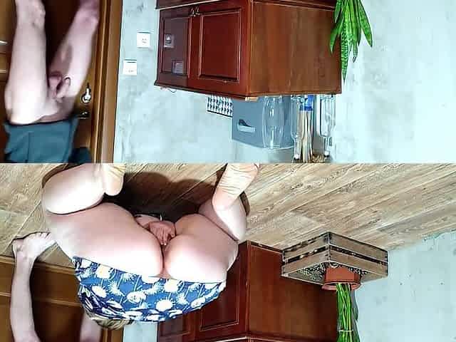 Hot wife with bald twat masturbates doggy position and receives her spouse's hawt jizz