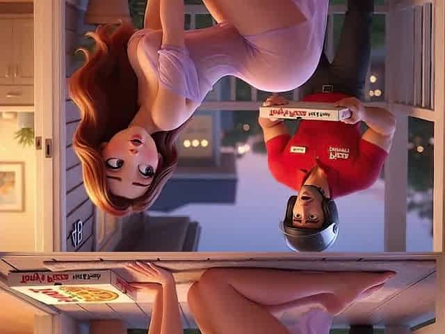 Woman Has Ardent Night With Pizza Delivery Chap Wearing Helmet In Bedroom (AI generated)