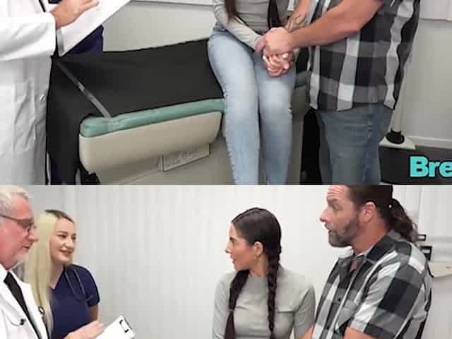 Perverted doctor treats teen brunette's pussy while her cuck husband holds her hand