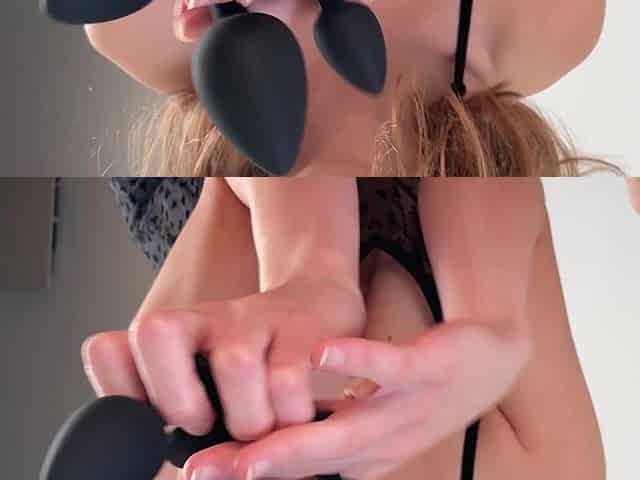 Buxom wife uses butt plug to prepare hubby for pegging