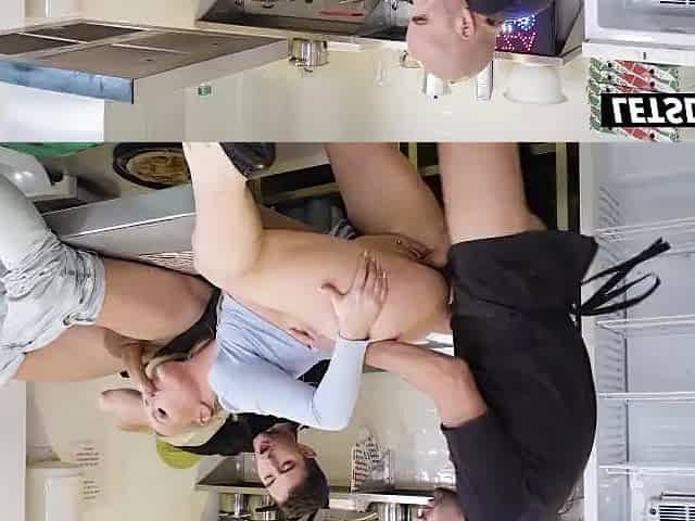 Thick Butt Blond Bent Over the Counter Getting Banged by 2 Lads