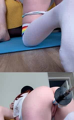 While My Pussy Is Being Taken Through by the Fucking Machine, I Kneel and Suck a Cock