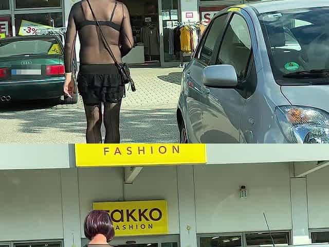 In a super short mini petticoat and a thoughtful bodysuit during the time that shopping