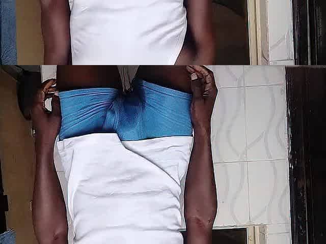 Pant pissing hung peeing anew in his blue trunk