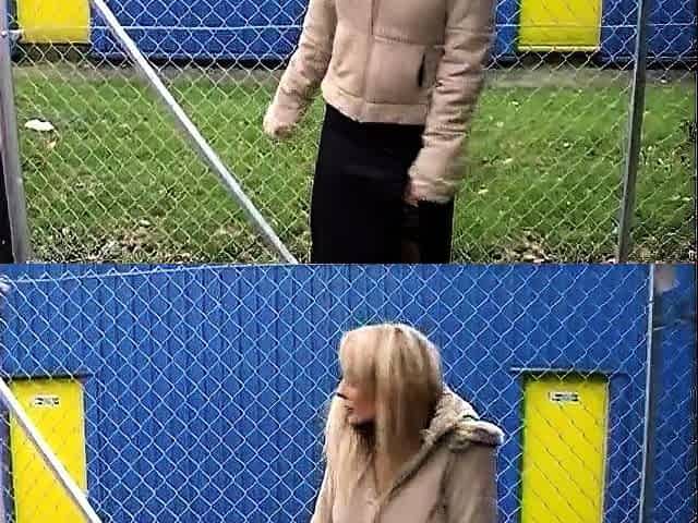 Outdoor solo masturbation scene with curly blonde