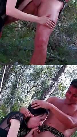 Horny teen in fishnets gets double penetrated outdoors