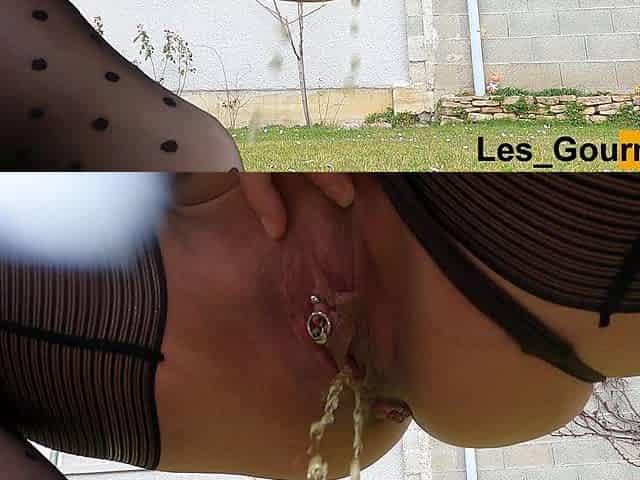 MILF in Stockings and Heels with a Leather Skirt Pee Squatting Outside Close up on Her Pierced Cunt