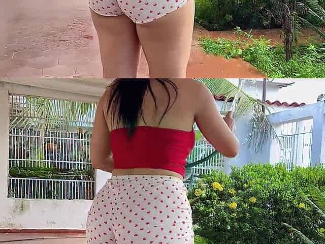 MY STEPMOTHER WATERING THE PLANTS IN SHORTS WITH HER GIANT BUTT