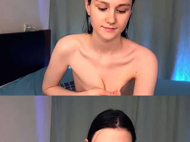 Small tit brunette amateur tugs on a big willie