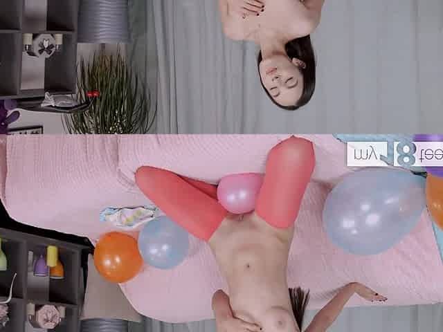 My18teens - Skinny Brunette Girl Blows up Colorful Balloons and Masturbates
